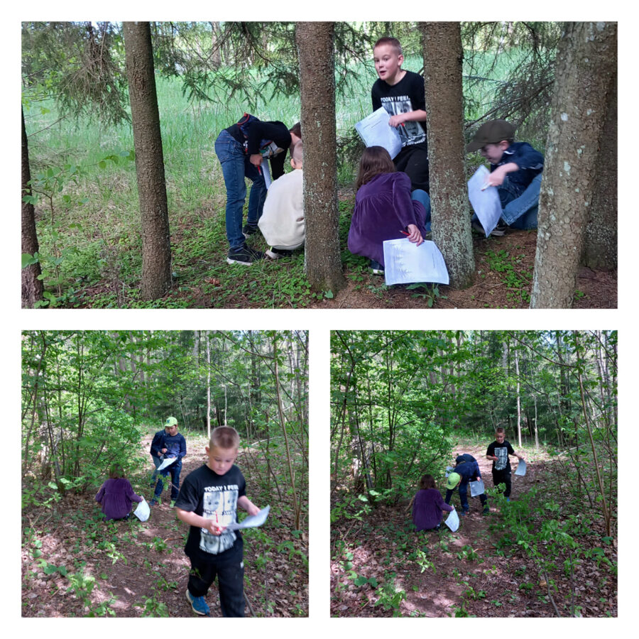Skolēni mācās mežā